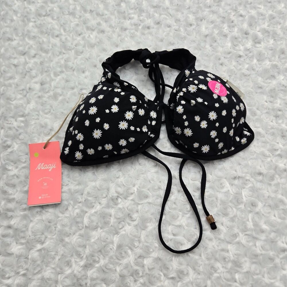Maaji Daisy Floral Bikini Top Womens XL Black Reversible Removable Cups NWT $72